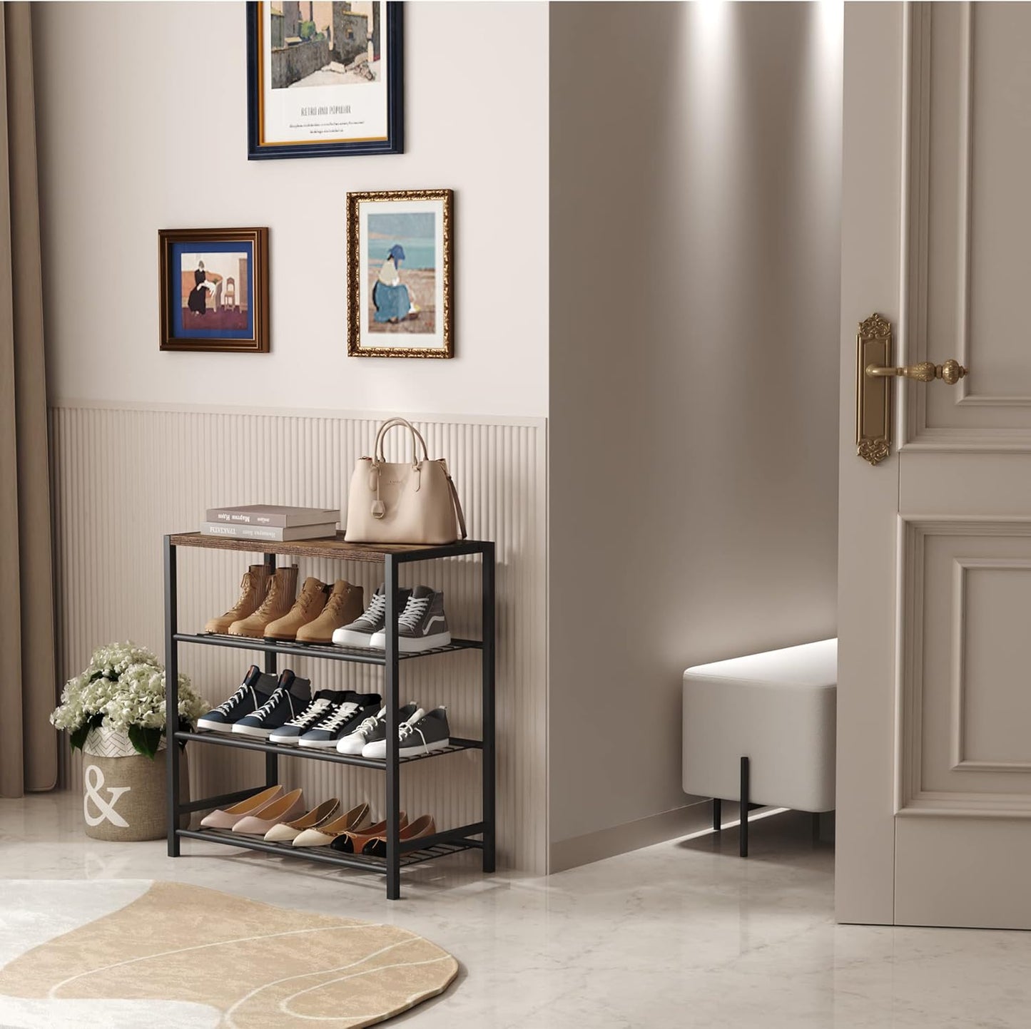 Vita 4-Tier Rustic Wood & Metal Shoe Rack Storage Shelf Organiser