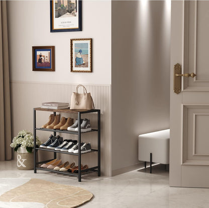 Vita 4-Tier Rustic Wood & Metal Shoe Rack Storage Shelf Organiser