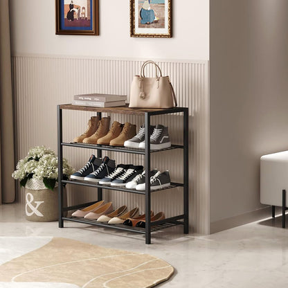 Vita 4-Tier Rustic Wood & Metal Shoe Rack Storage Shelf Organiser