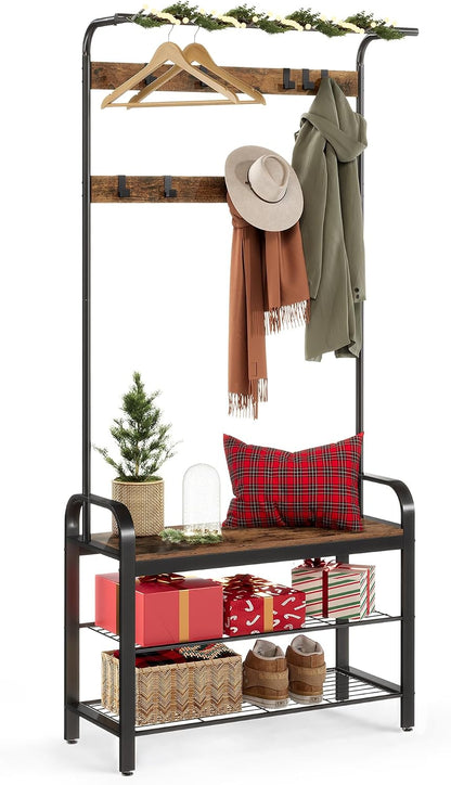 4-in-1 Tall Rustic Wood Coat Clothes Hanger Rack with Shoe Bench