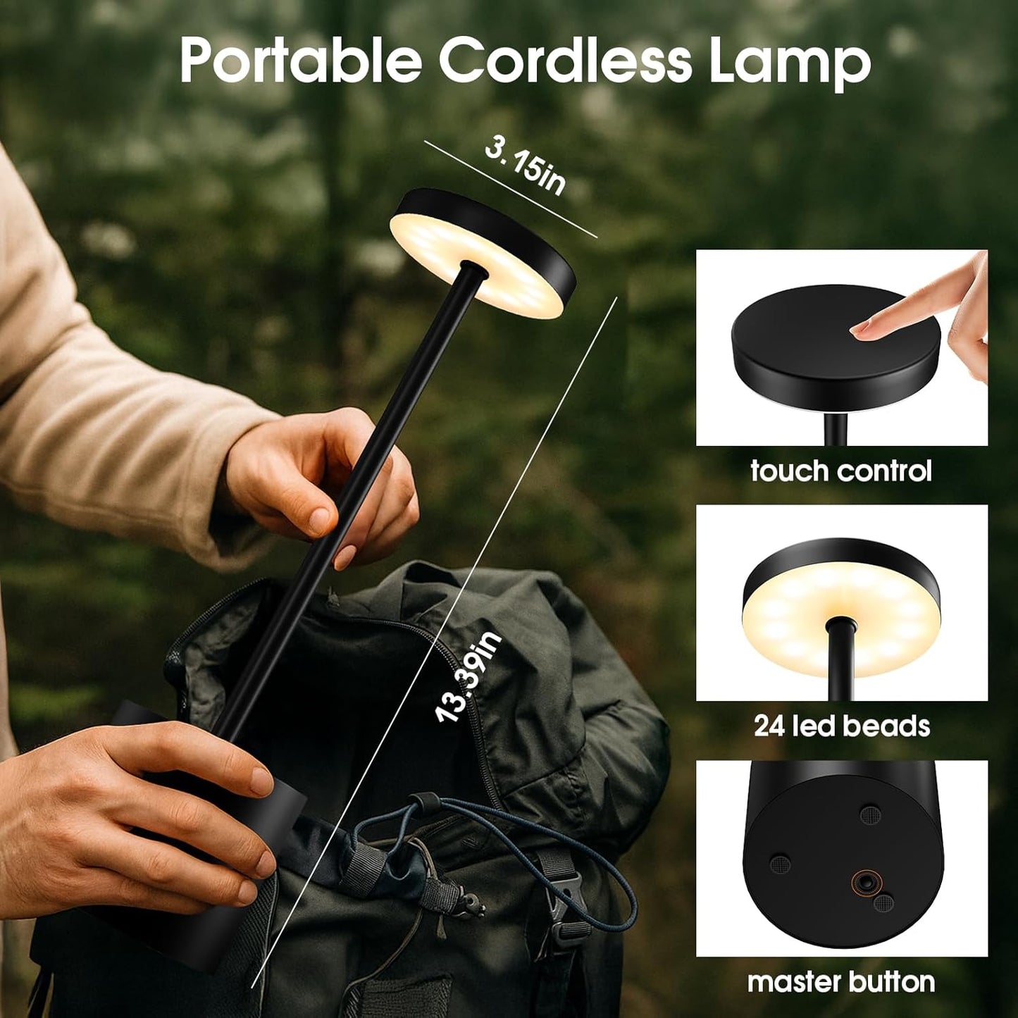 Luxury Designer LED Metal Tall Table Lamp Cordless Touch Sensor Night Light (Black)