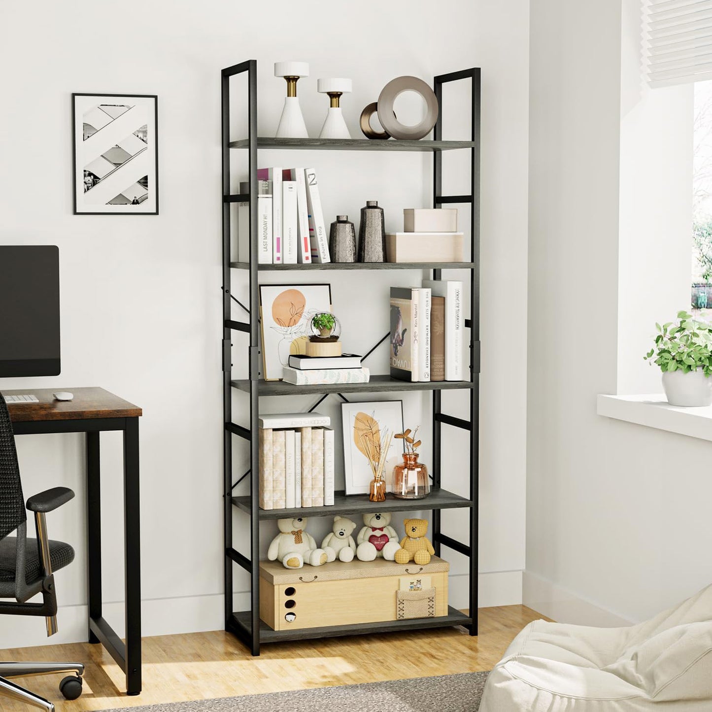 5 Tier Multifunction Heavy Duty Bookcase Wood & Steel Storage Shelf Organizer (Driftwood Grey)