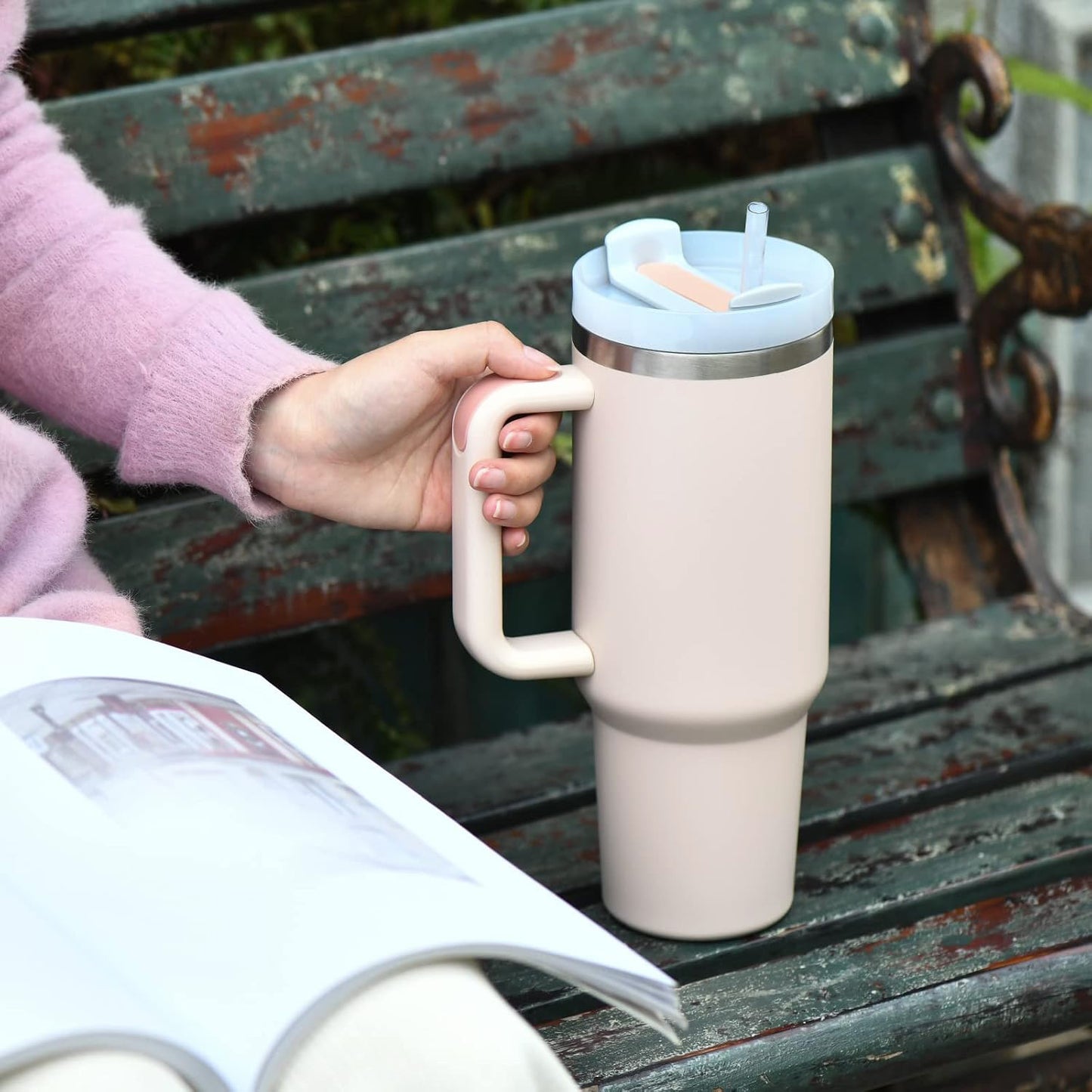 Stainless Steel Insulated Tumbler with Handle Straw Travel Mug (30oz, Rose Quartz)