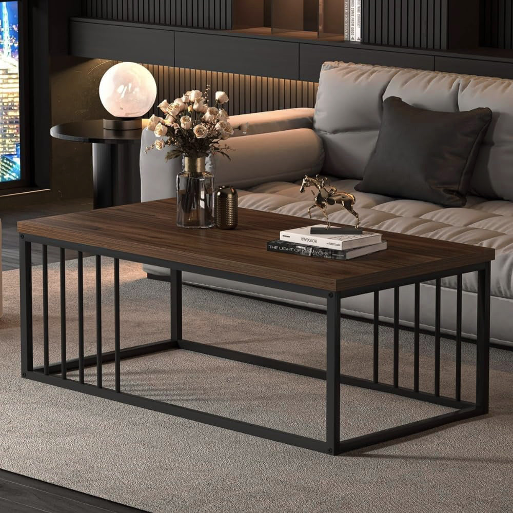 Urban Industrial Modern Wood and Metal Coffee Table Black Walnut