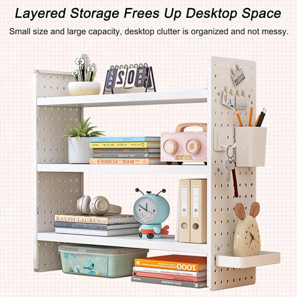 Multifunction Wooden Metal Desktop Bookshelf Pegboard Organizer Rack (White)