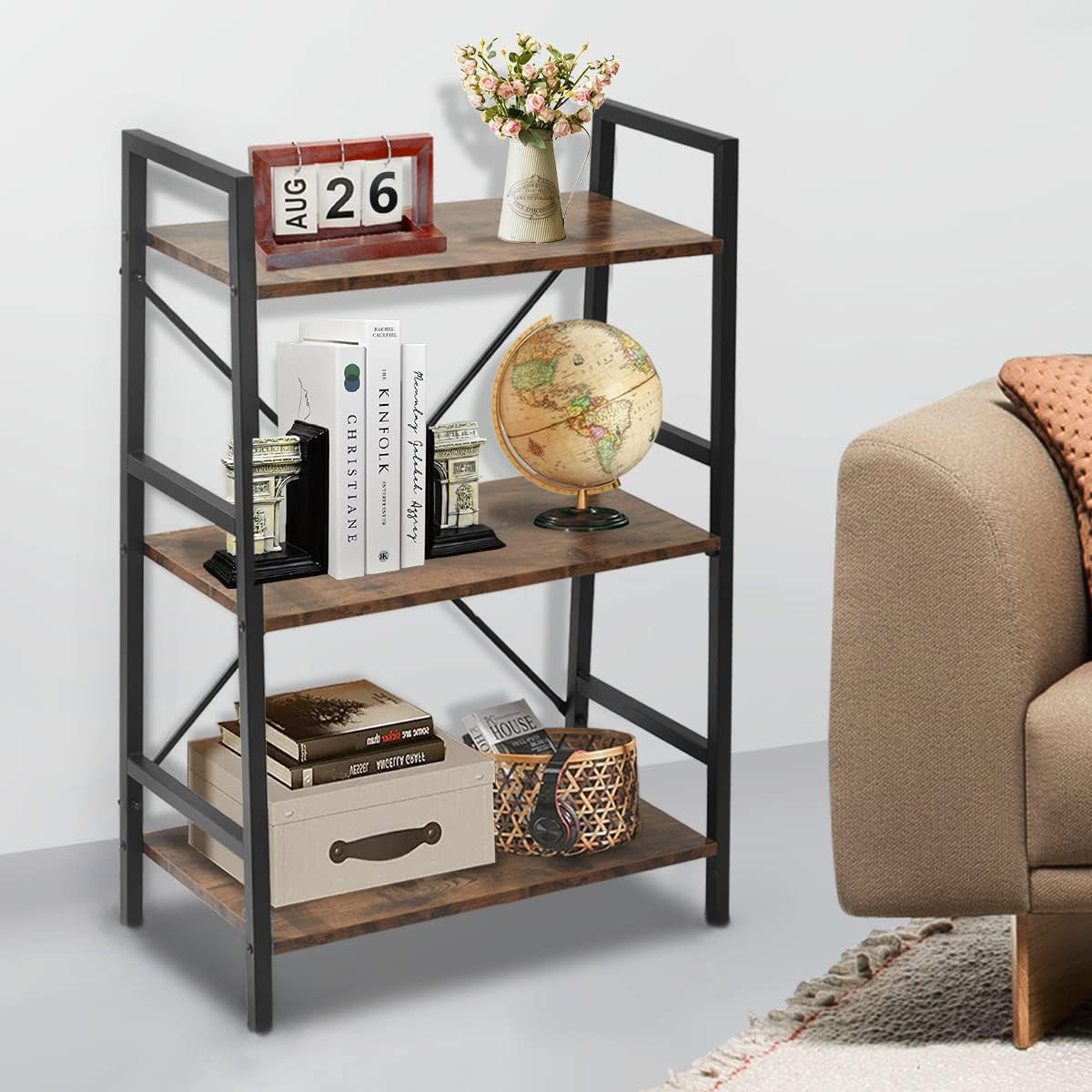3 Tier Multifunction Heavy Duty Bookcase Rustic Wood & Steel Storage Shelf Organizer