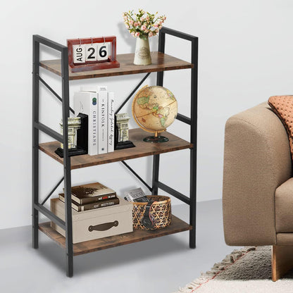 3 Tier Multifunction Heavy Duty Bookcase Rustic Wood & Steel Storage Shelf Organizer