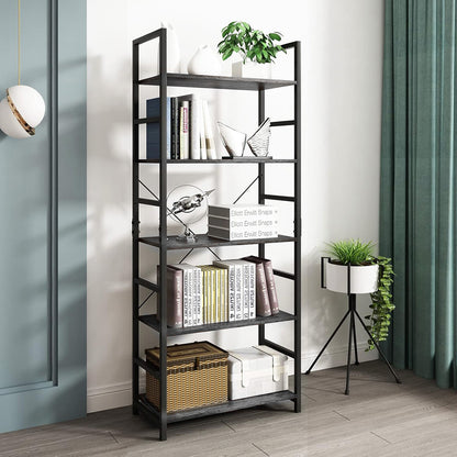 5 Tier Multifunction Heavy Duty Bookcase Wood & Steel Storage Shelf Organizer (Driftwood Grey)