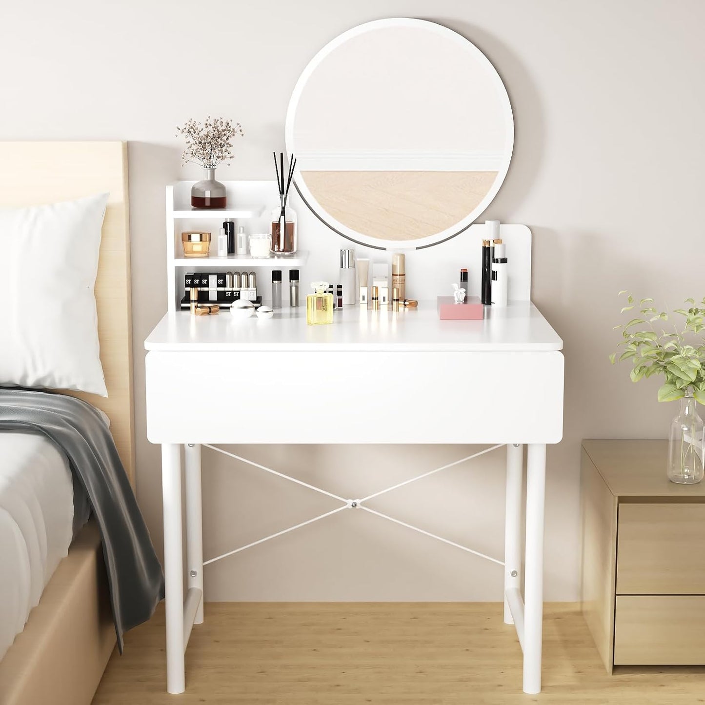Luxe LED White Makeup Vanity Dressing Table Mirror Storage Shelves