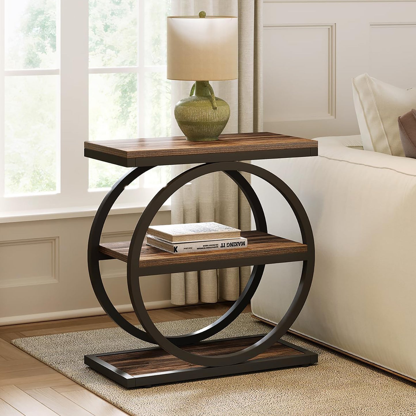 Eclipse Rustic Wood and Metal Round Side Table with Shelves