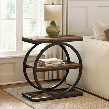 Eclipse Rustic Wood and Metal Round Side Table with Shelves