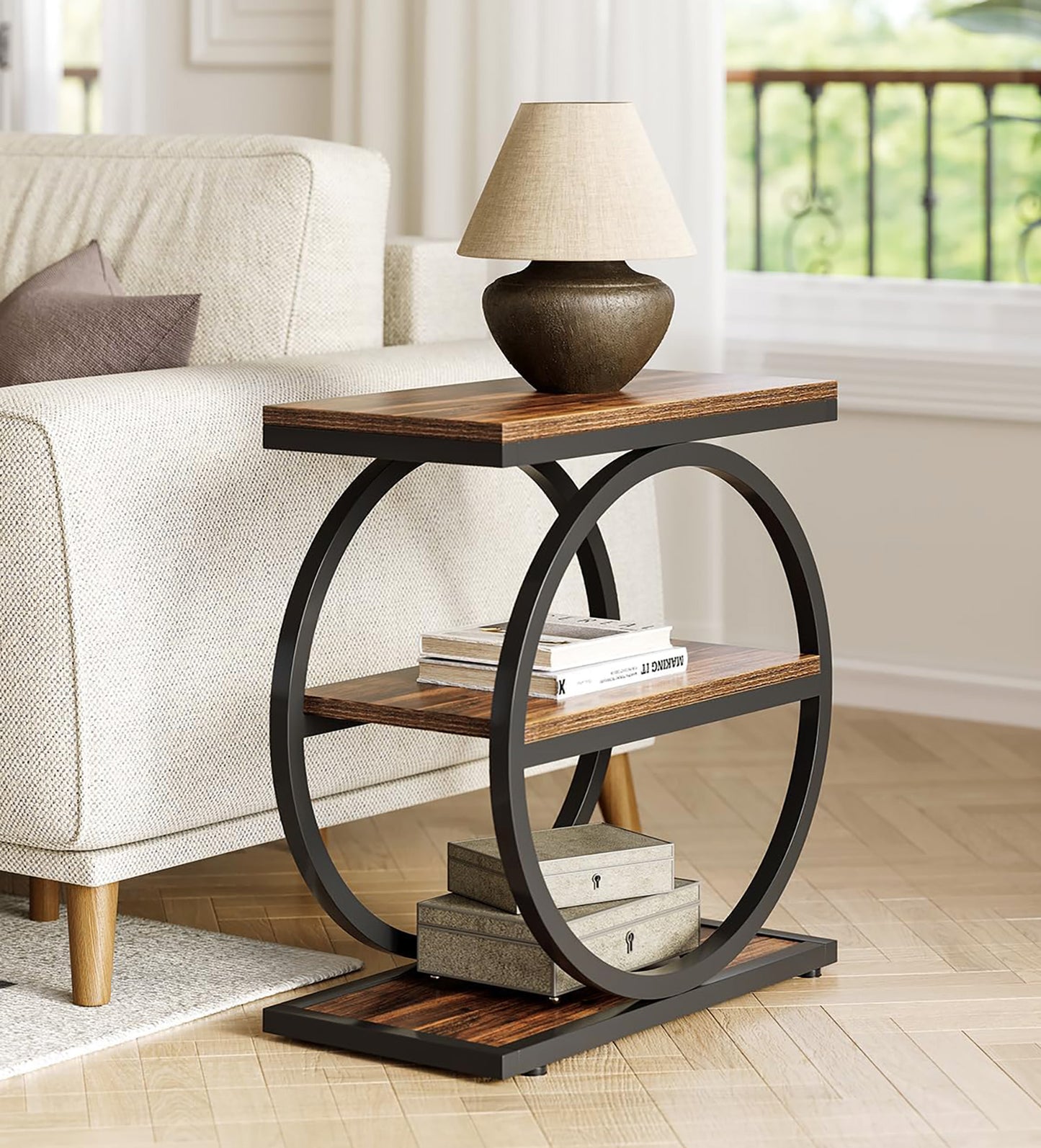 Eclipse Rustic Wood and Metal Round Side Table with Shelves