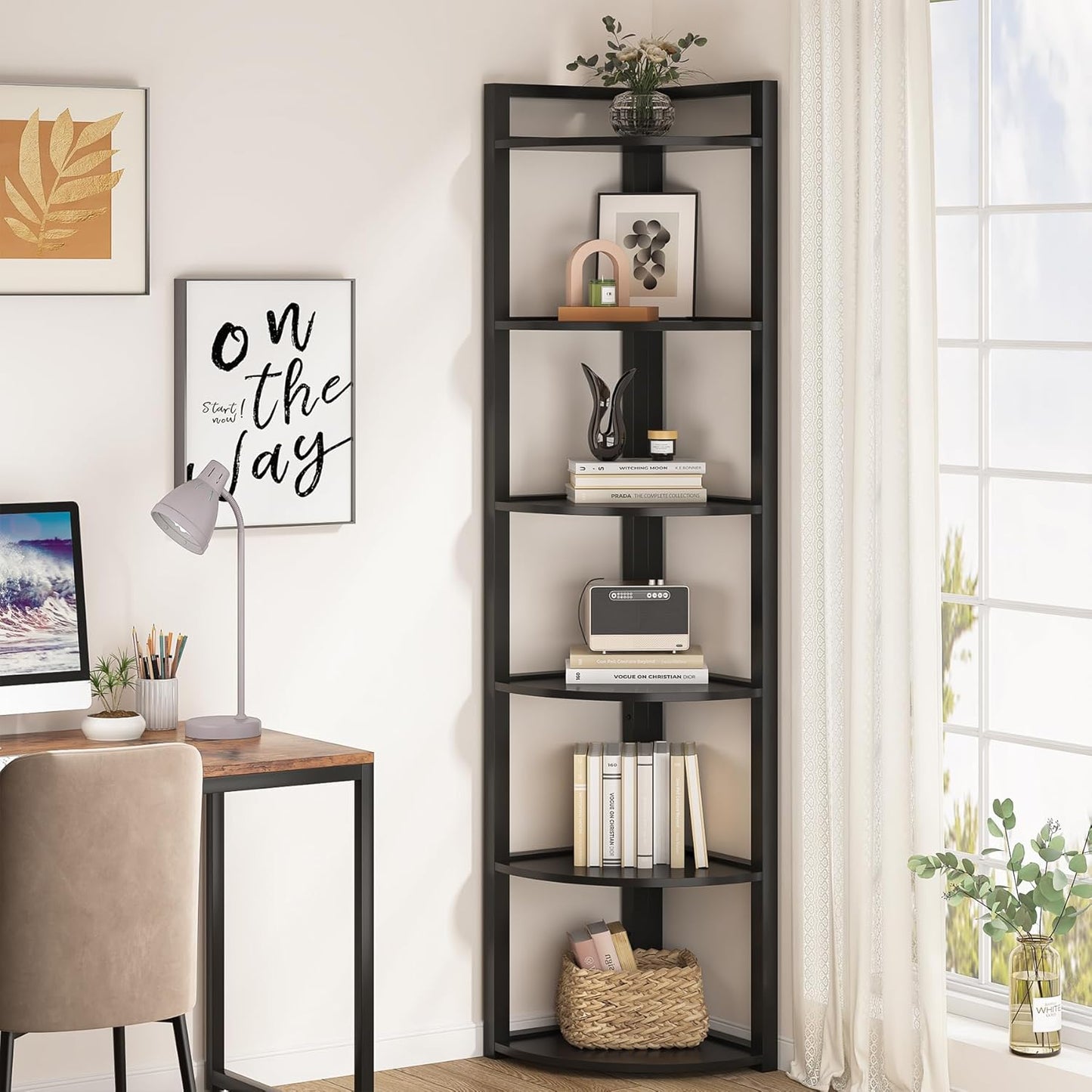 Deluxe 5 Tier Wood & Steel Corner Shelf Organizer Unit (Black)