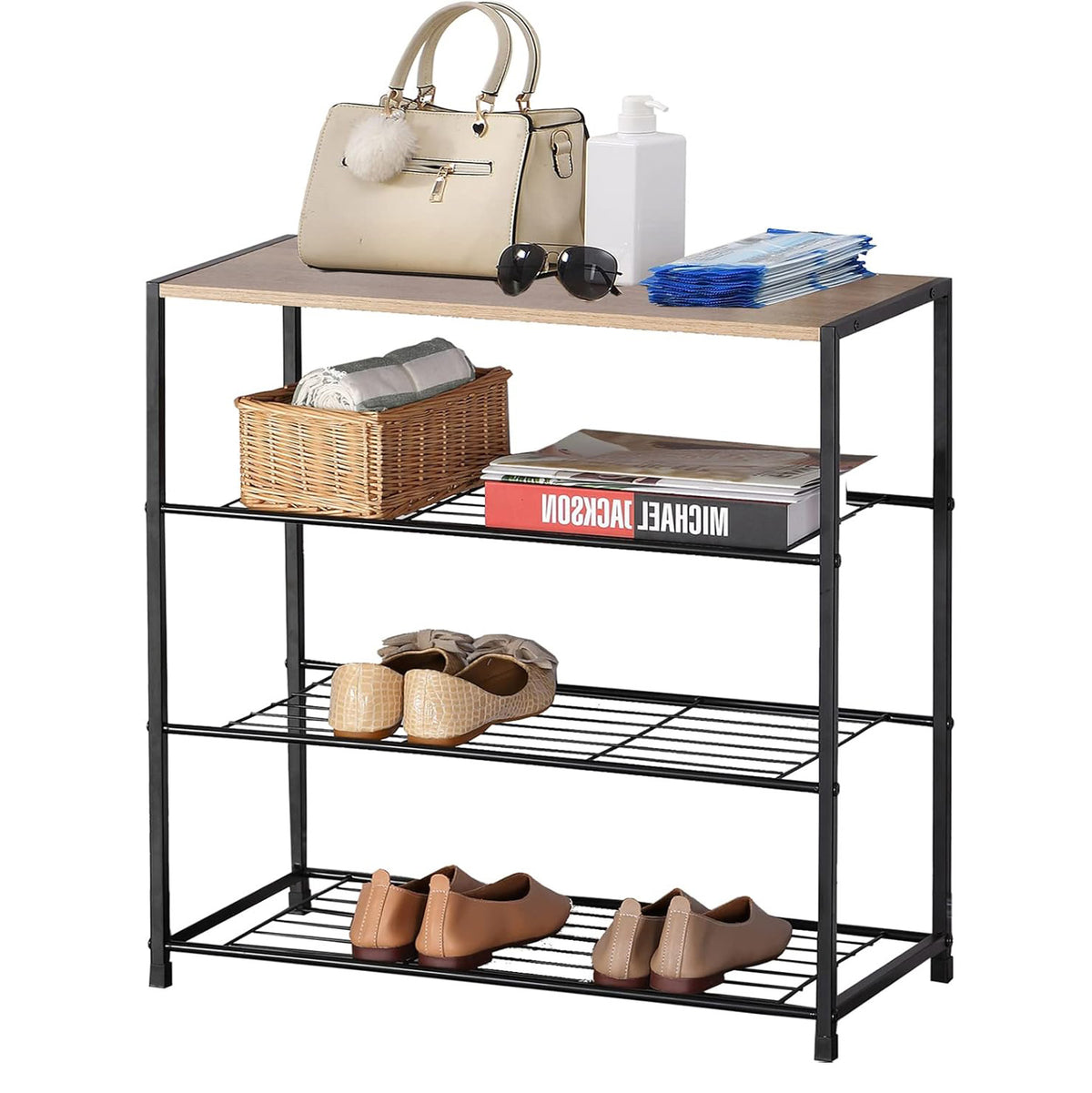Vita 4-Tier Wood & Metal Shoe Rack Storage Shelf Organiser (Rustic Oak