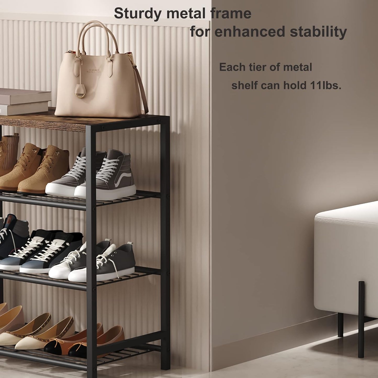 Vita 4-Tier Rustic Wood & Metal Shoe Rack Storage Shelf Organiser