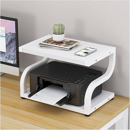 Deluxe Rustic Oak Desktop Shelf Wood & Steel Printer Stand Storage Rack Organizer (White)