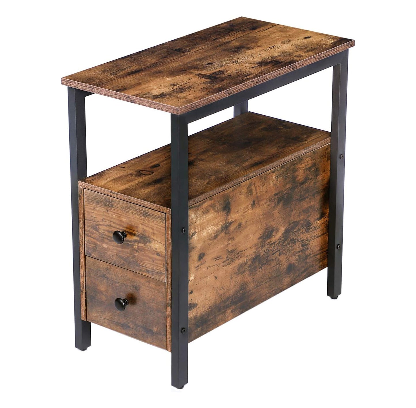 Verona Rustic Wood & Metal Bedside Sofa Side Table with Drawers