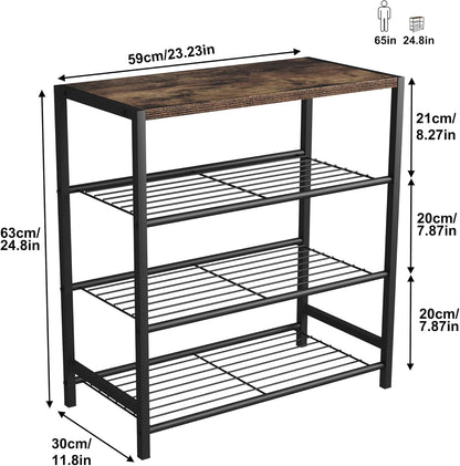 Vita 4-Tier Rustic Wood & Metal Shoe Rack Storage Shelf Organiser