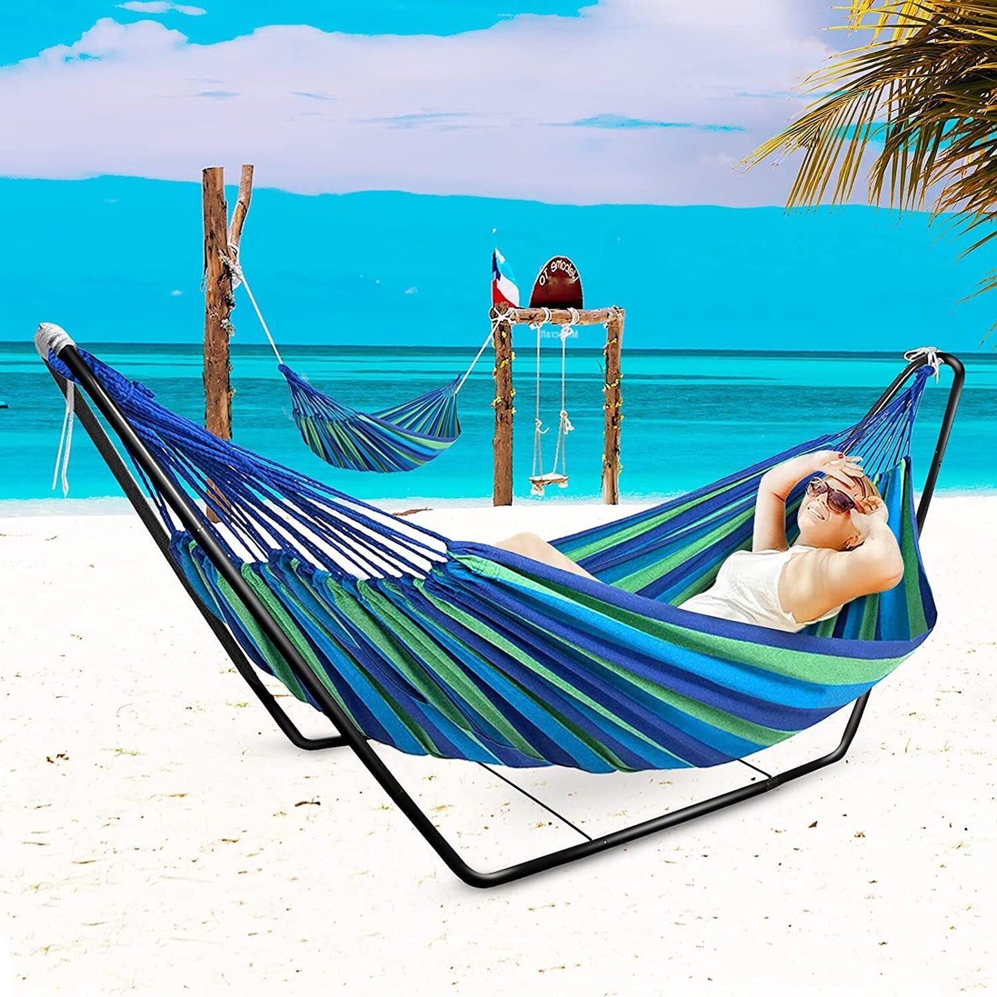 Deluxe Double Hammock and Premium Steel Stand Combo Set (Blue)