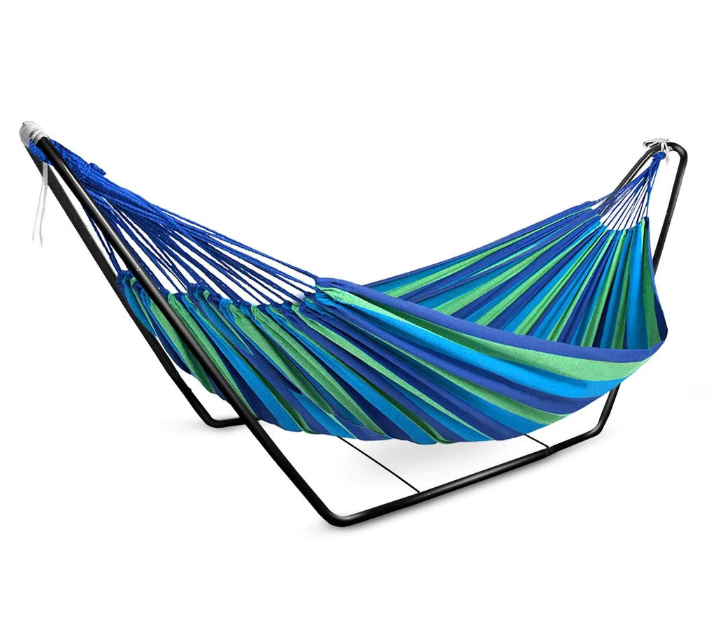 Deluxe Double Hammock and Premium Steel Stand Combo Set (Blue)