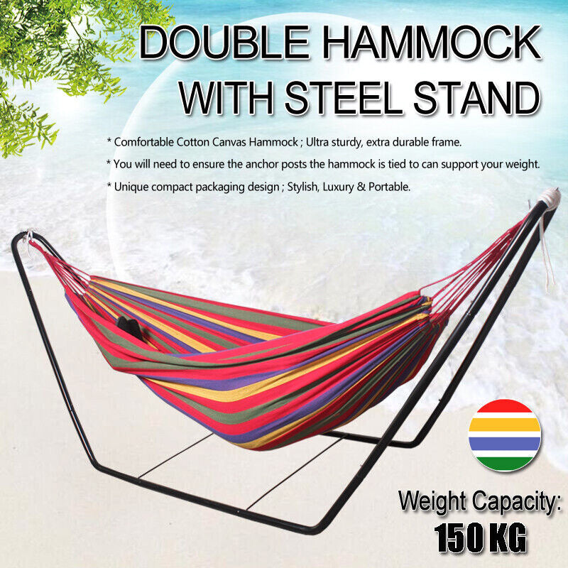 Deluxe Double Hammock and Premium Steel Stand Combo Set (Red)