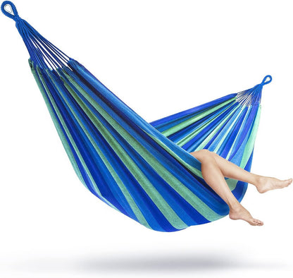 DOUBLE Large 2-Person Cotton Hammock with Bag (Blue & Green Stripes)