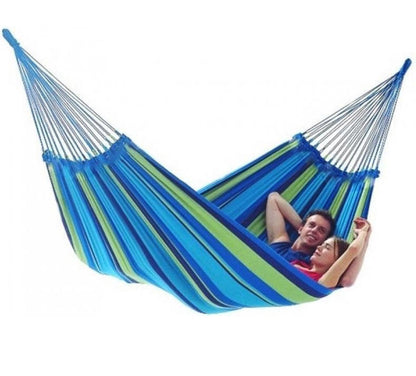 DOUBLE Large 2-Person Cotton Hammock with Bag (Blue & Green Stripes)