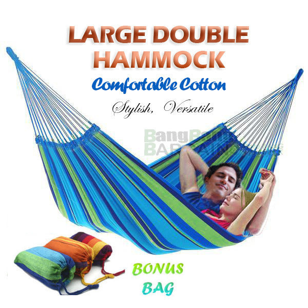 DOUBLE Large 2-Person Cotton Hammock with Bag (Blue & Green Stripes)