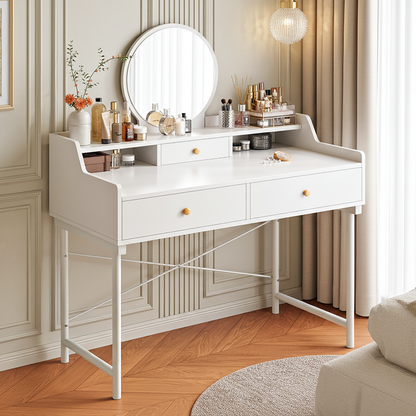 Grande Makeup Vanity Dressing Table with Round Mirror and Drawers White