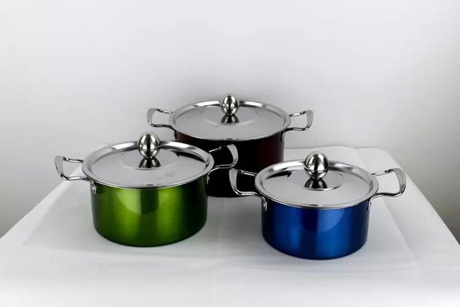 3-Piece Metallic Colourful Stainless Steel Cookware Saucepan Casserole Stock Pots Set