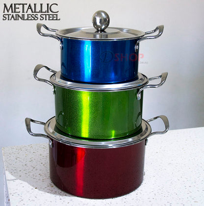 3-Piece Metallic Colourful Stainless Steel Cookware Saucepan Casserole Stock Pots Set