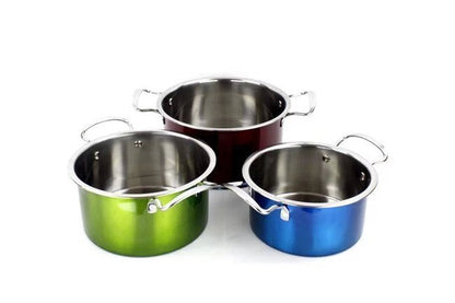 3-Piece Metallic Colourful Stainless Steel Cookware Saucepan Casserole Stock Pots Set