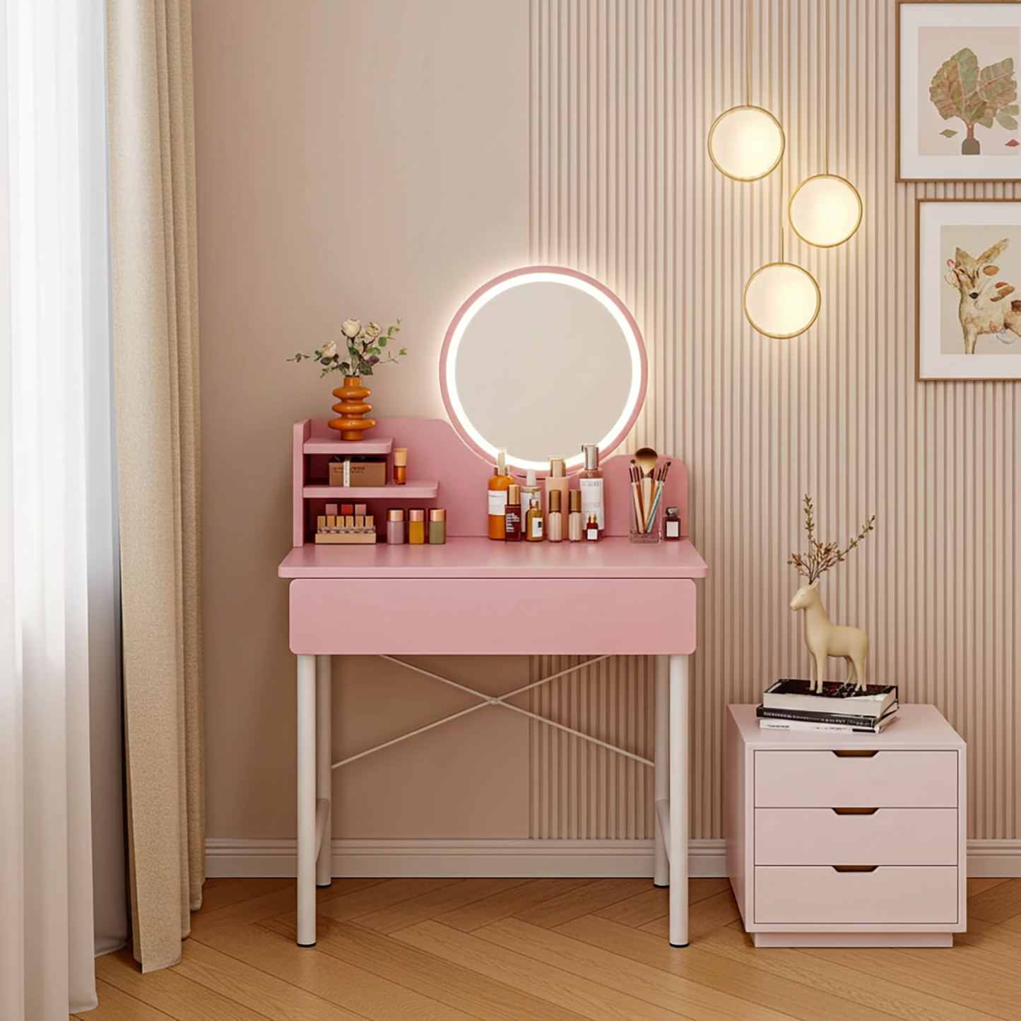 LED Mirror Makeup Vanity Dressing Table Pink Desk with Drawer Storage