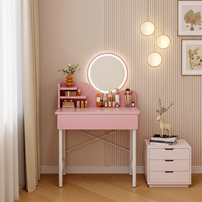 LED Mirror Makeup Vanity Dressing Table Pink Desk with Drawer Storage