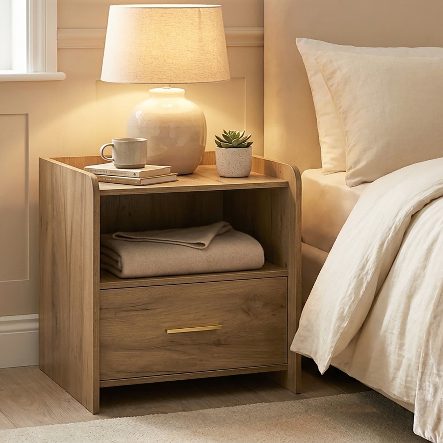 Serene Bedside Table Nightstand with Drawer (Rustic Oak)