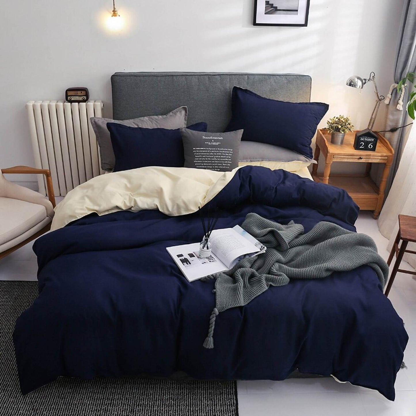 Luxe Home 4 Piece Quilt Cover Bedding Set (Navy & Cream) - Single Size