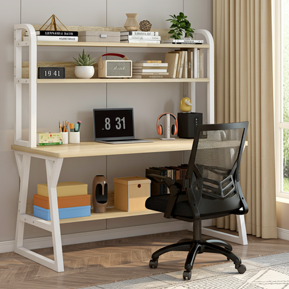 Aspire Large Industrial Office Computer Desk Workstation with Bookshelf (White Oak)