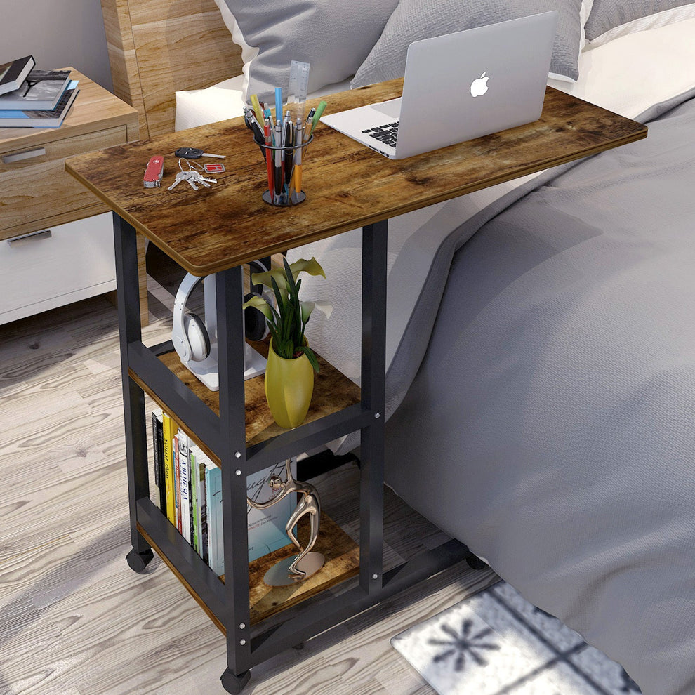 Large Supreme Rustic Sofa Bed Side Table Laptop Desk with Shelves & Wh