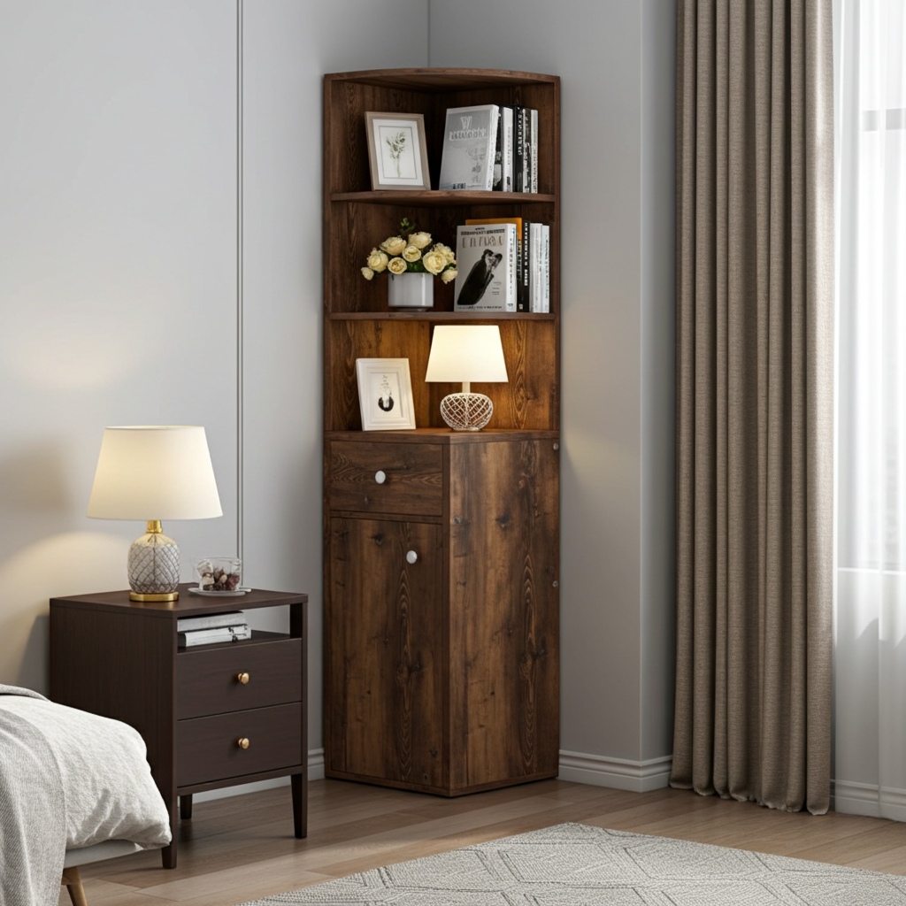 Vision Stylish Rustic Wooden Corner Shelf Unit with Cabinet & Drawer