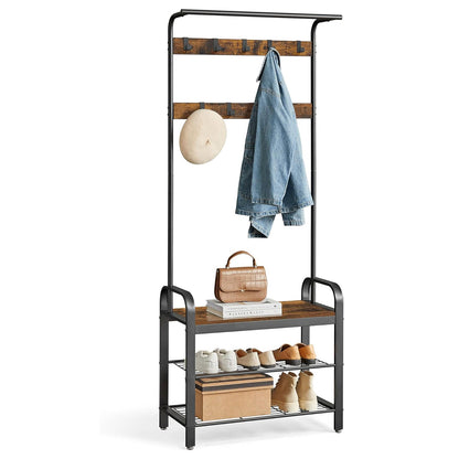 4-in-1 Tall Rustic Wood Coat Clothes Hanger Rack with Shoe Bench