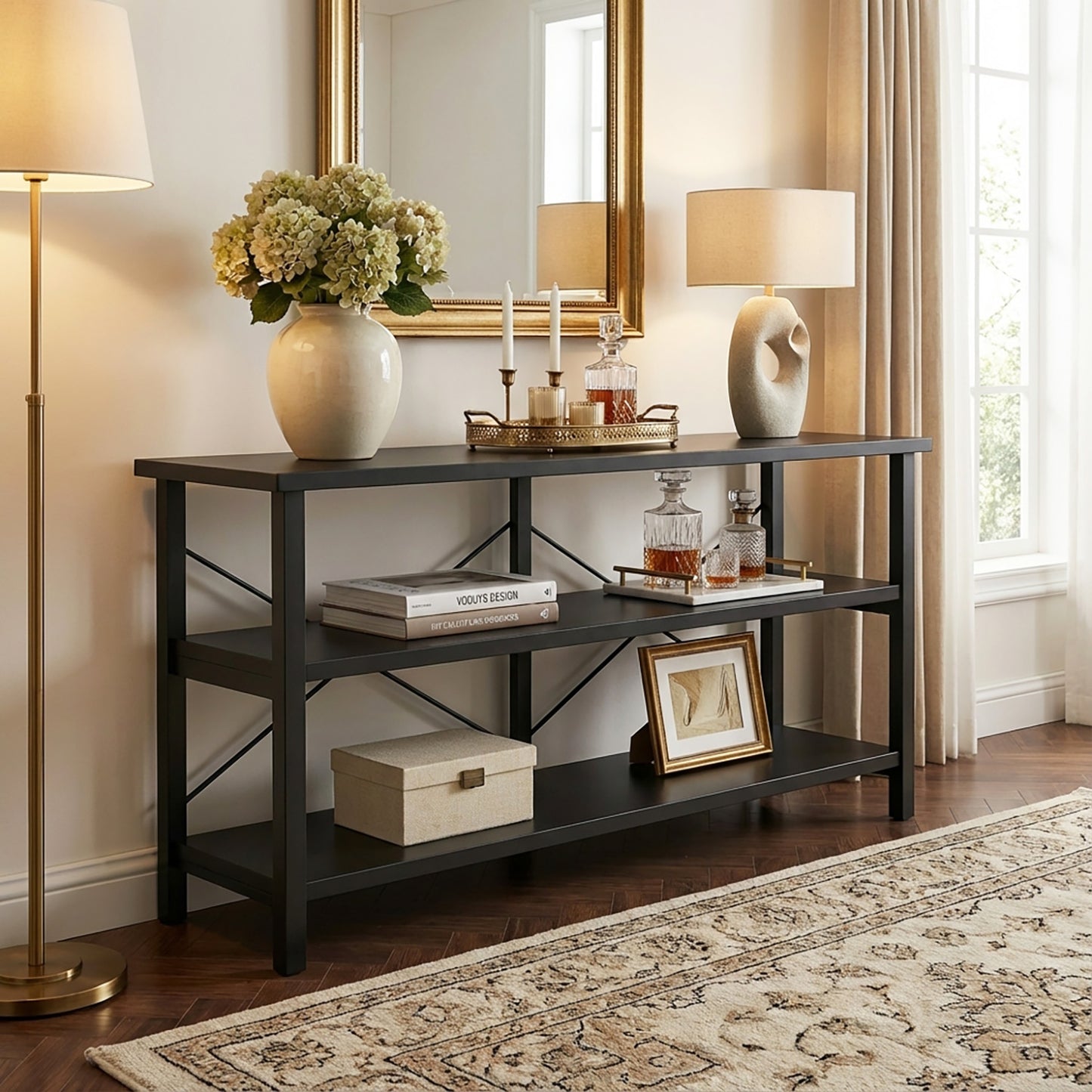 Serenity Industrial Console Table Bookcase TV Stand Storage Shelf Unit (Black)