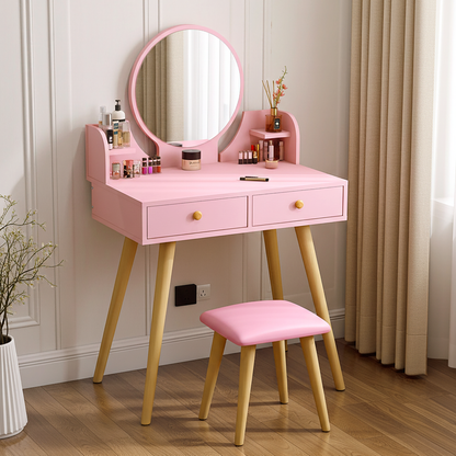 Princess Dresser Vanity Table with Mirror, Stool and Storage Drawers Set (Pink)