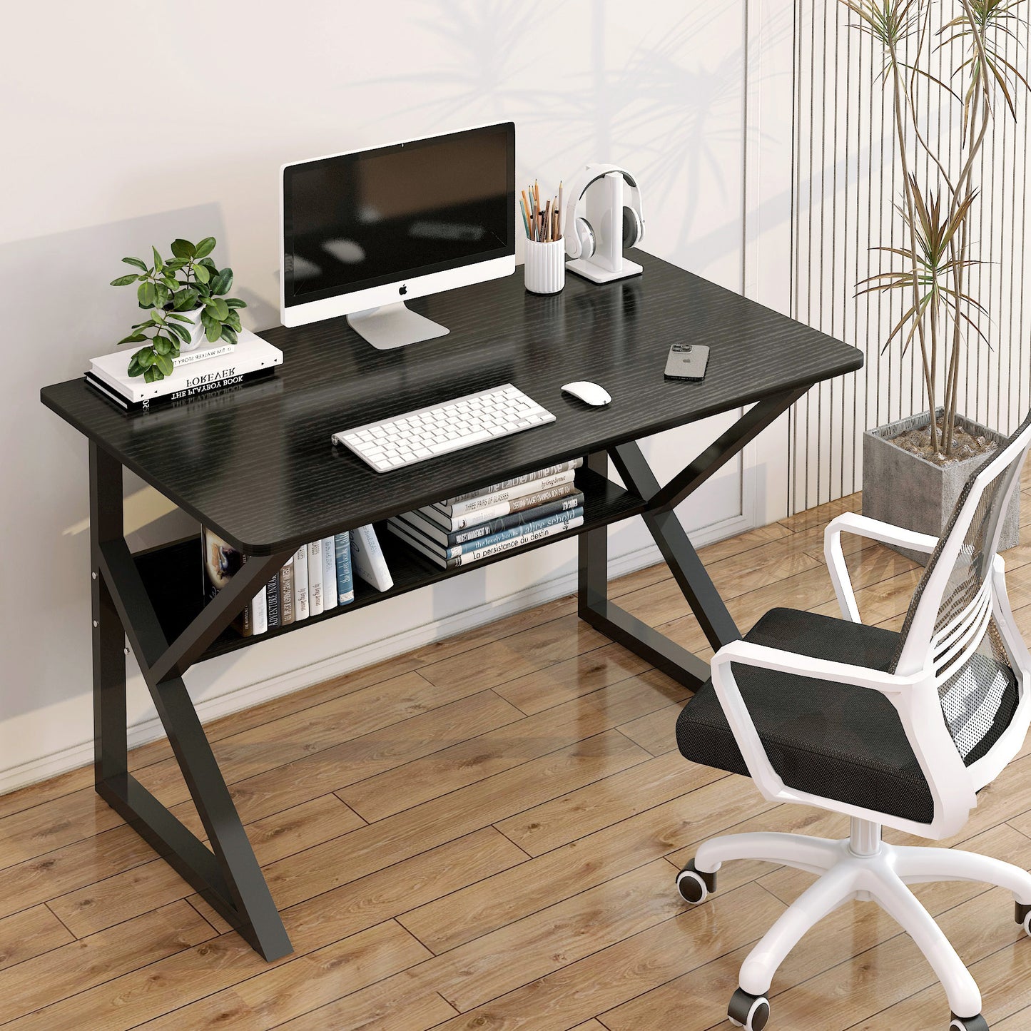Kori Wood & Metal Computer Desk with Shelf (Black Walnut)