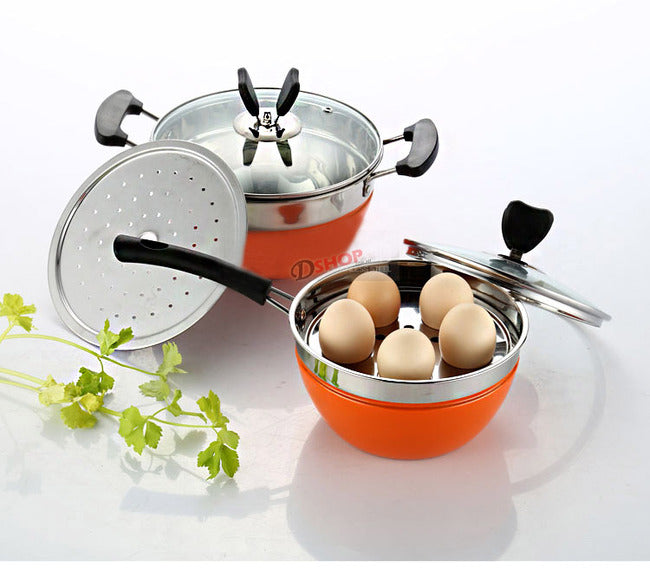 2PCS Multipurpose Stainless Steel Pots Cooker Boiler Steamer Egg Poacher Cookware Set