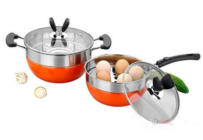 2PCS Multipurpose Stainless Steel Pots Cooker Boiler Steamer Egg Poacher Cookware Set