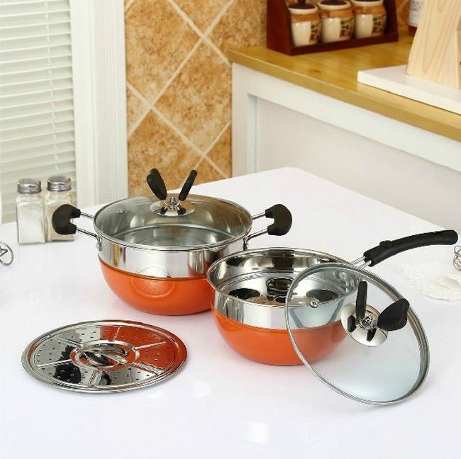 2PCS Multipurpose Stainless Steel Pots Cooker Boiler Steamer Egg Poacher Cookware Set