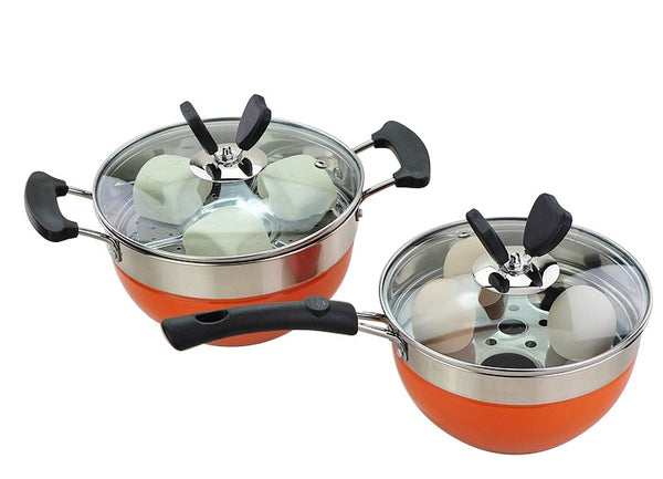 2PCS Multipurpose Stainless Steel Pots Cooker Boiler Steamer Egg Poacher Cookware Set