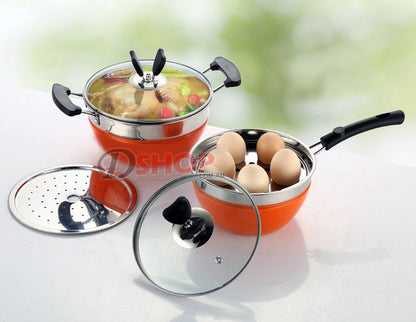 2PCS Multipurpose Stainless Steel Pots Cooker Boiler Steamer Egg Poacher Cookware Set