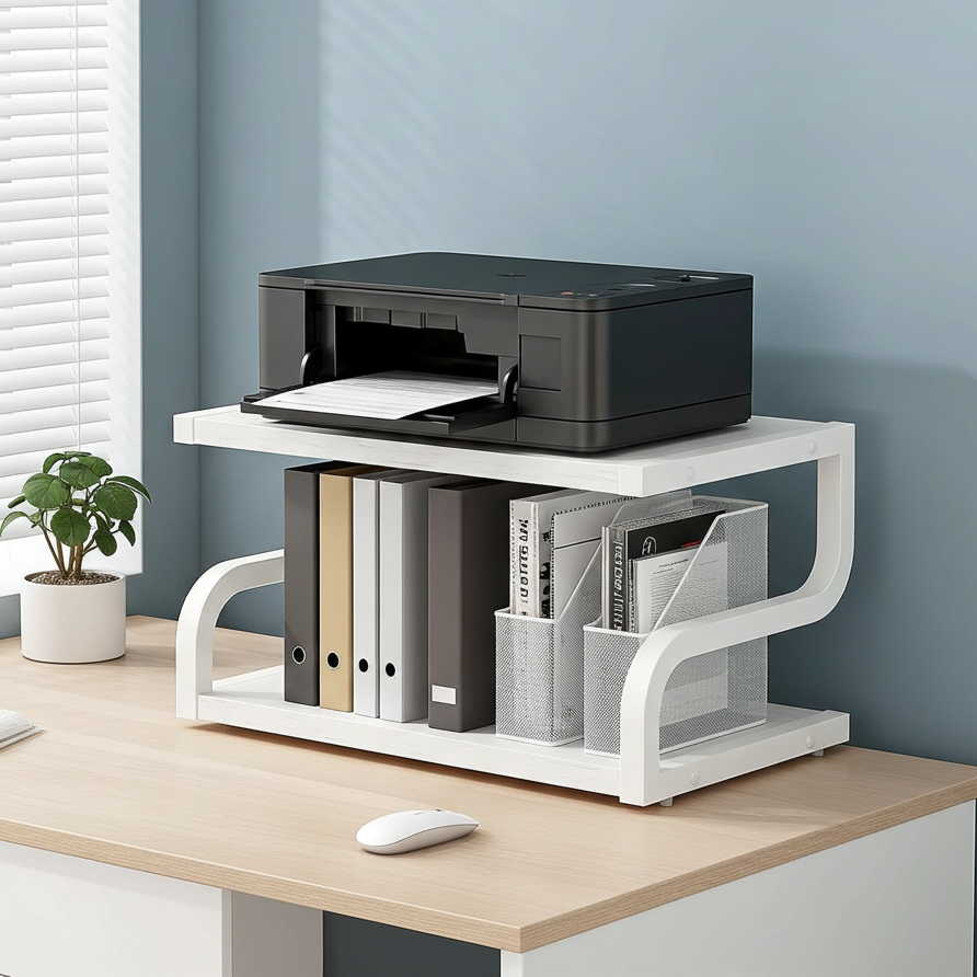 Deluxe Rustic Oak Desktop Shelf Wood & Steel Printer Stand Storage Rack Organizer (White)