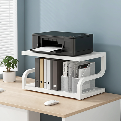 Deluxe Rustic Oak Desktop Shelf Wood & Steel Printer Stand Storage Rack Organizer (White)
